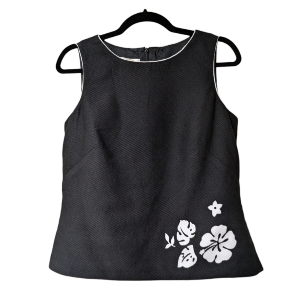 Talbots Women's Black Sleeveless Blouse With White Floral Design 100% Cotton 10P
